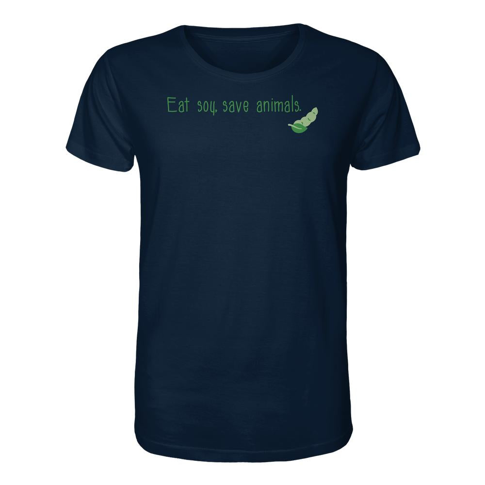 Dunkelblaues T-Shirt, Veganism - Eat soy, save animals in grün, mit Erbsen-Grafik. Hergestellt aus 100 % Bio-Baumwolle, normale Passform.