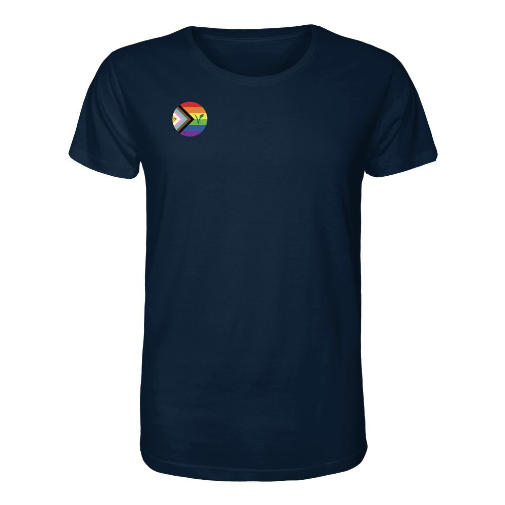 Dunkel-navy T-Shirt mit Progress-Pride-Emblem und erweitertem V für Veganismus; aus Bio-Baumwolle, unisex mit normaler Passform, von RUDE REBEL.