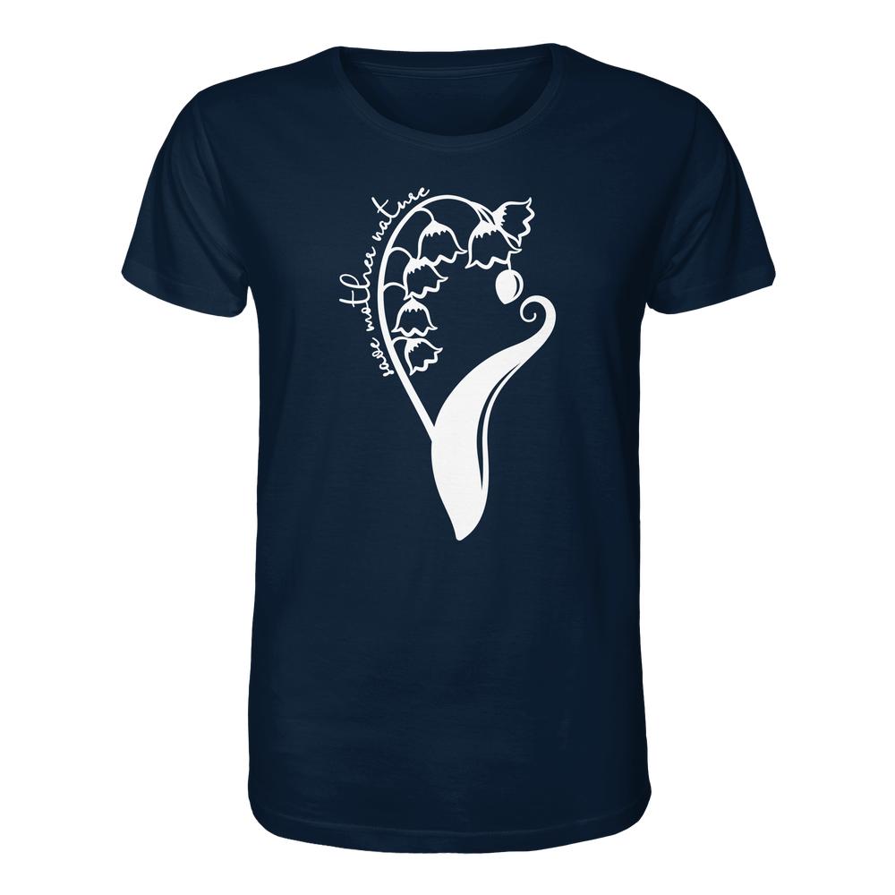 Navy-blaues T-Shirt mit stilisiertem botanischen Grafikdesign, Text love little nature, betont vegane und nachhaltige Mode. Produktname: Vegan und Bio Unisex Shirt: Save Mother Nature with Flower Power.