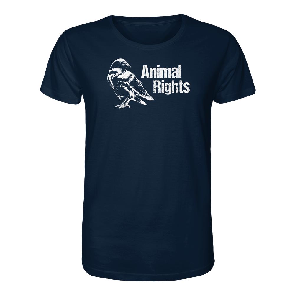 Dunkelblaues T-Shirt mit weißem Rabenmotiv und Schriftzug „Animal Rights“, verkörpert Tierrechte und Naturschutz, aus 100 % Bio-Baumwolle, von RUDE REBEL.
