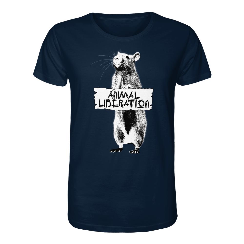 Vegan und Bio Unisex Shirt: Rat for Animal Liberation, dunkelblau mit weißem Rattenmotiv und ANIMAL LIBERATION-Schild; inspiriert von Banksys Street Art, 100% Bio-Baumwolle.