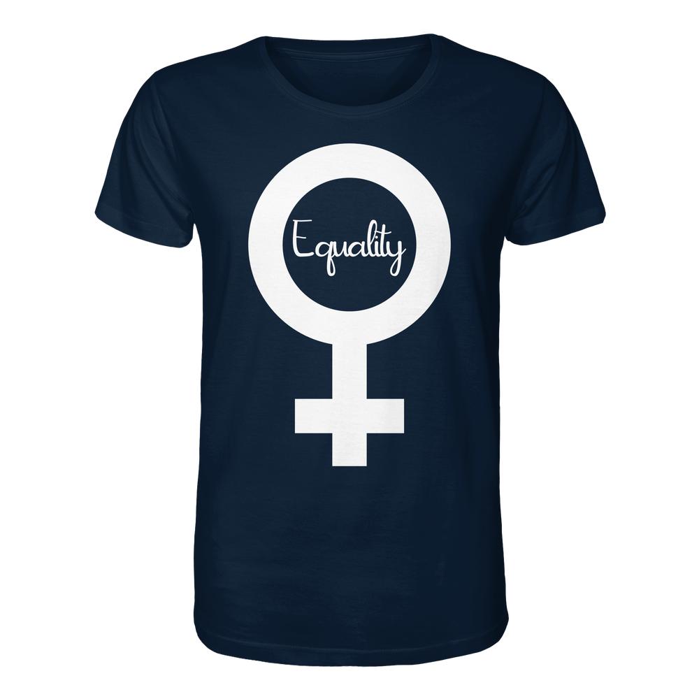 Navy-blaues Unisex-Shirt mit Venus-Symbol und Equality Schriftzug, verkörpert Feminismus und Gleichberechtigungskampf. Hergestellt aus 100 % Bio-Baumwolle.
