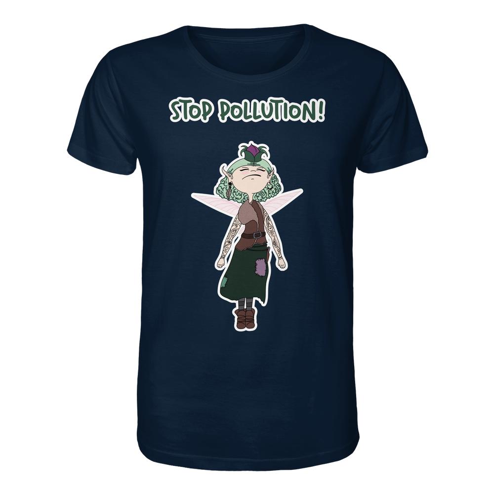Navy-blaues T-Shirt Vegan und Bio Unisex Shirt: STOP POLLUTION! - Krawall Fee mit Cartoon-Fee in erdigen Kleidern und grünen Locken, rebellisch gegen Umweltverschmutzung.