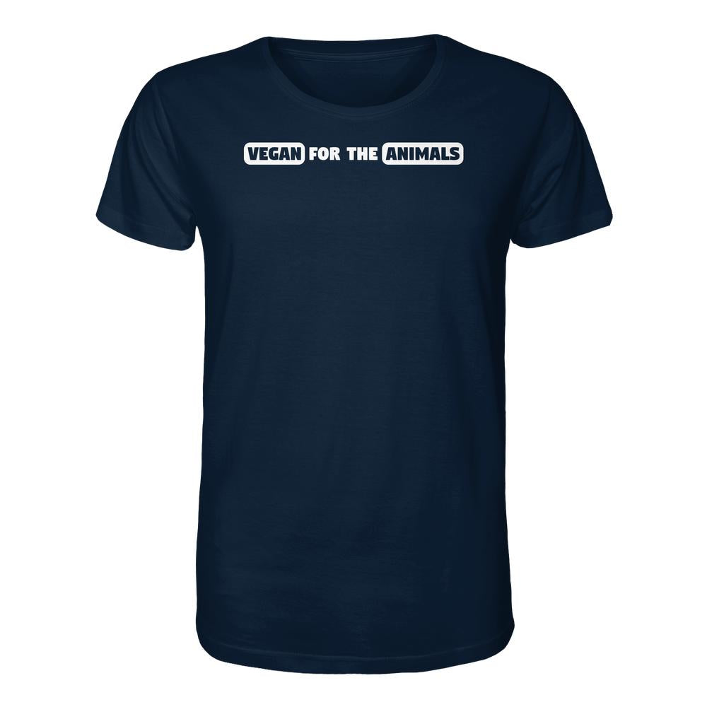 Vegan und Bio Unisex Shirt: VEGAN FOR THE ANIMALS horizontal, dunkelblaues T-Shirt mit Slogan in Blockbuchstaben auf der Brust, aus 100 % Bio-Baumwolle. Normale Passform.