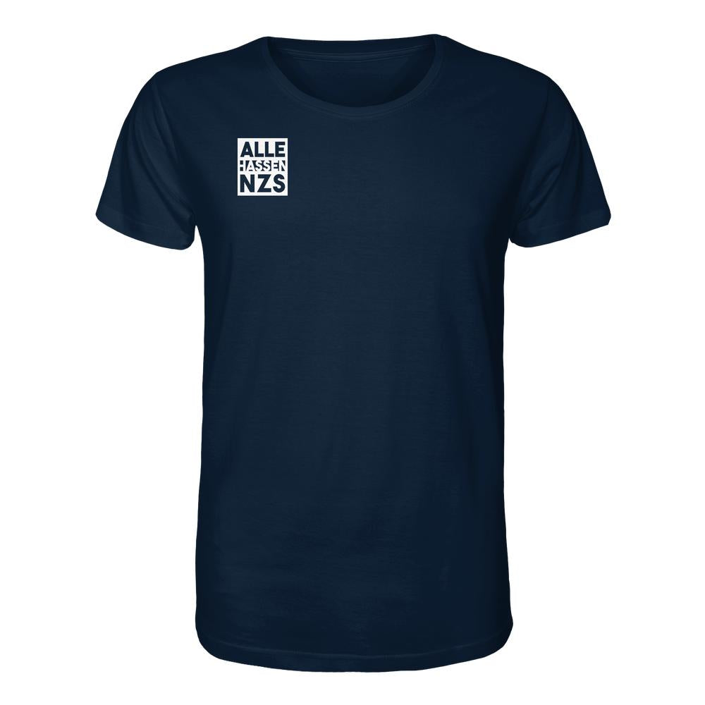 Unisex T-Shirt mit ALLE HASSEN NZS! Logo, navy, kurze Ärmel, Bio-Baumwolle, normale Passform, von RUDE REBEL, rebellisches Design gegen rechte Ideologien.