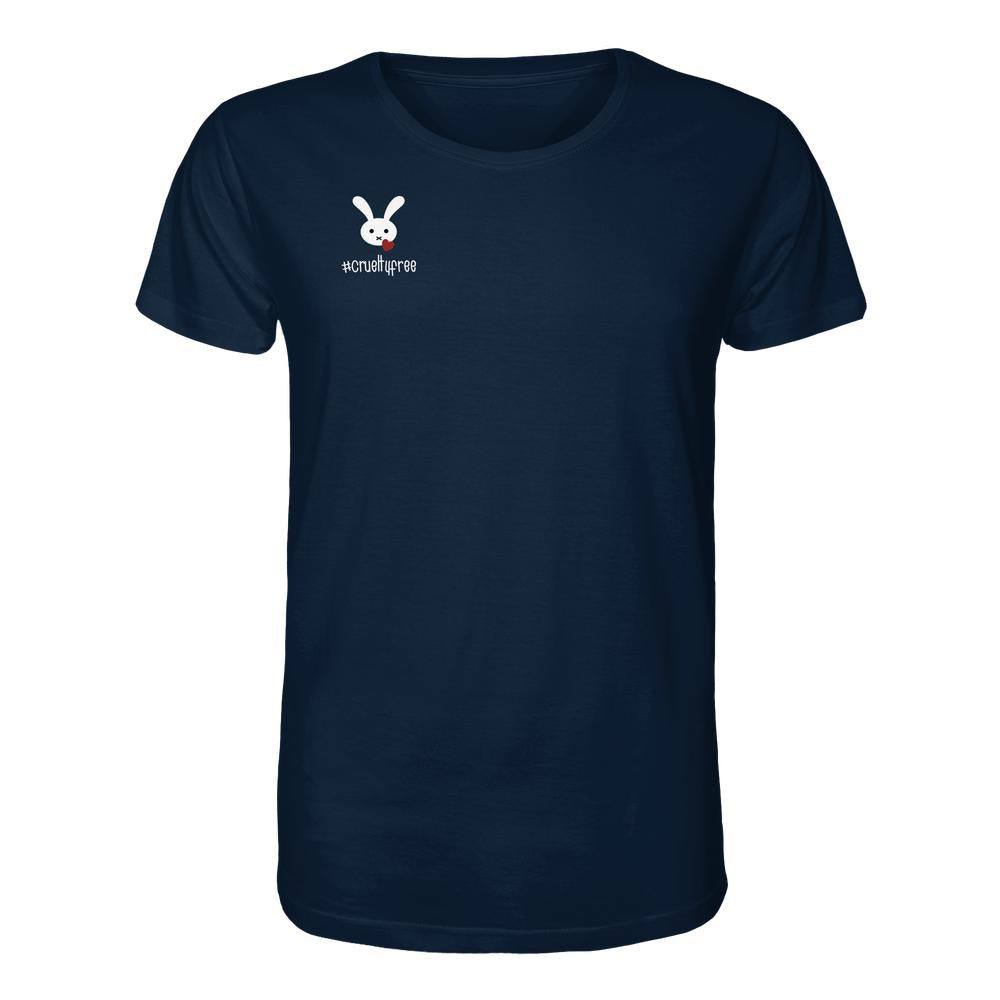 Dunkelblaues Unisex-Shirt mit kleinem weißen Cartoon-Hasen und rotem Herz auf der Brust, aus 100 % Bio-Baumwolle, verkörpert vegane und nachhaltige RUDE REBEL Ethik.