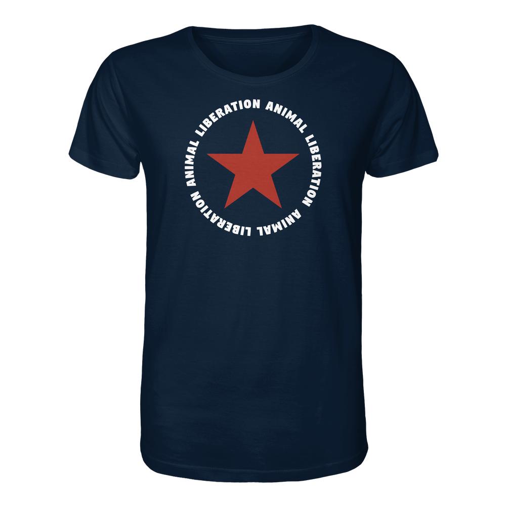 Vegan und Bio Unisex Shirt: Red Star and Animal Liberation, mit rotem Stern und ANIMAL LIBERATION Text auf navy-blauem T-Shirt, aus 100 % Bio-Baumwolle.