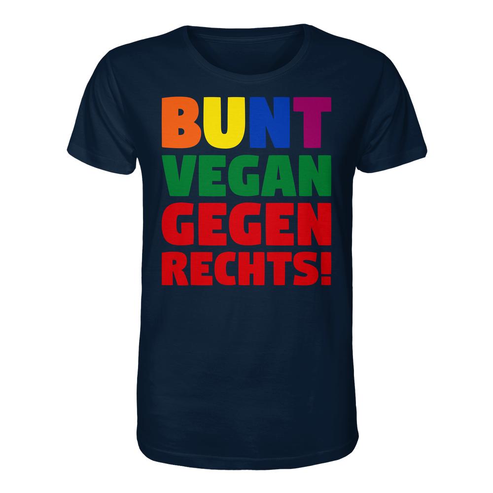 Navyblaues T-Shirt mit buntem Slogan: BUNT, VEGAN, GEGEN RECHTS! aus Bio-Baumwolle, normaler Schnitt, von RUDE REBEL, inspiriert von einer Demo gegen die AfD.