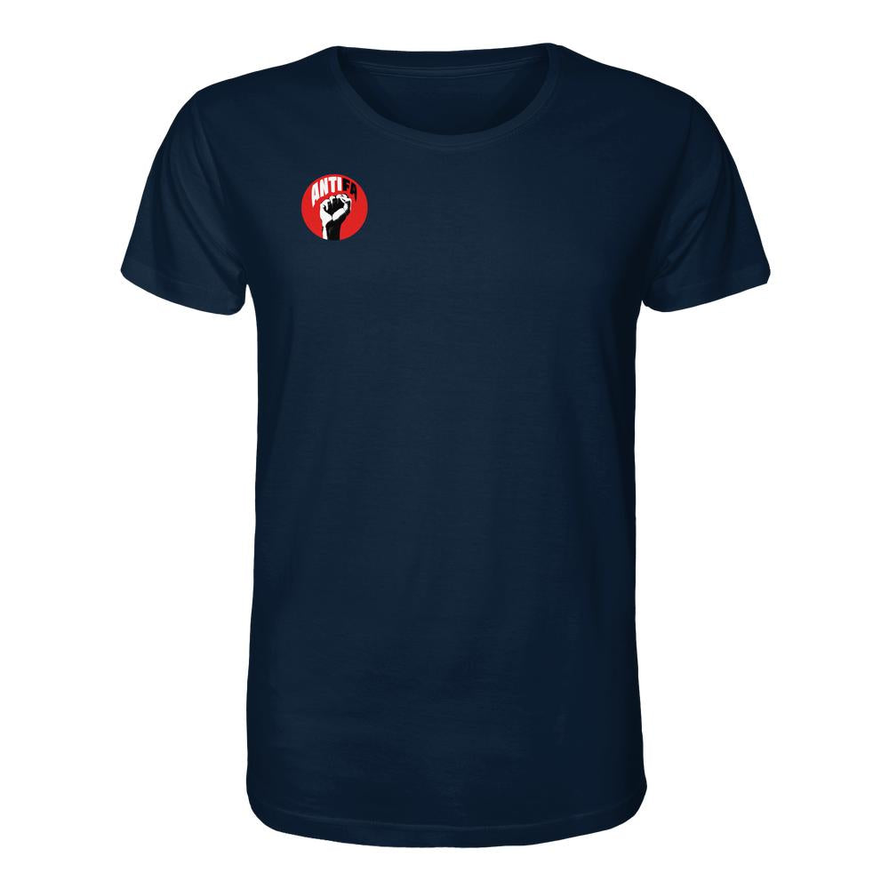 Vegan und Bio Unisex Shirt: Antifa - Gemeinsam gegen Rechts, dunkelblau, mit rotem Emblem und stilisierter Faust, aus 100 % Bio-Baumwolle, normales Design.