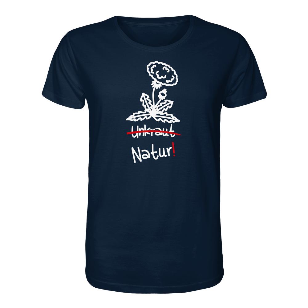 Vegan und Bio Unisex Shirt: Löwenzahn zeigt lächelnden Löwenzahn, Unkraut durchgestrichen, Natur! betont. 100 % Bio-Baumwolle, nachhaltiges Design von RUDE REBEL.