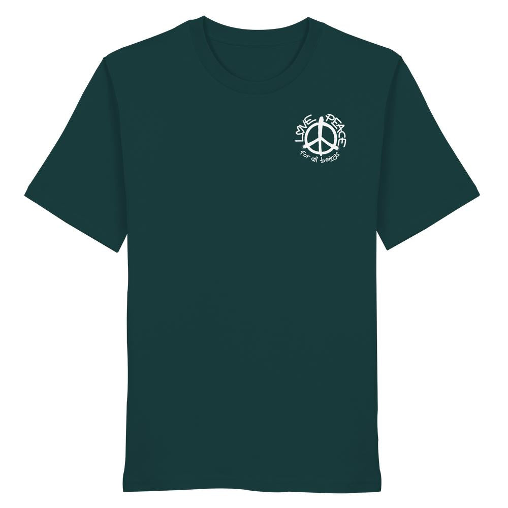 Unisex Bio T-Shirt mit Love and Peace for all beings-Grafik, grüne Farbe, aus 100 % Bio-Baumwolle, von RUDE REBEL, friedfertiges Design.