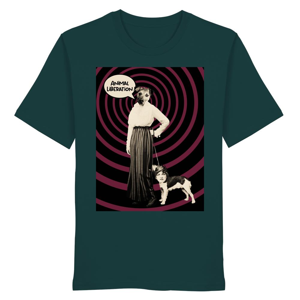 Vegan und Bio Unisex Shirt: Upside Down - Animal Liberation zeigt surrealen Collage-Druck mit Mensch-Tier-Vertauschung, inspiriert von Tierrechten, auf dunklem Bio-Baumwollstoff.