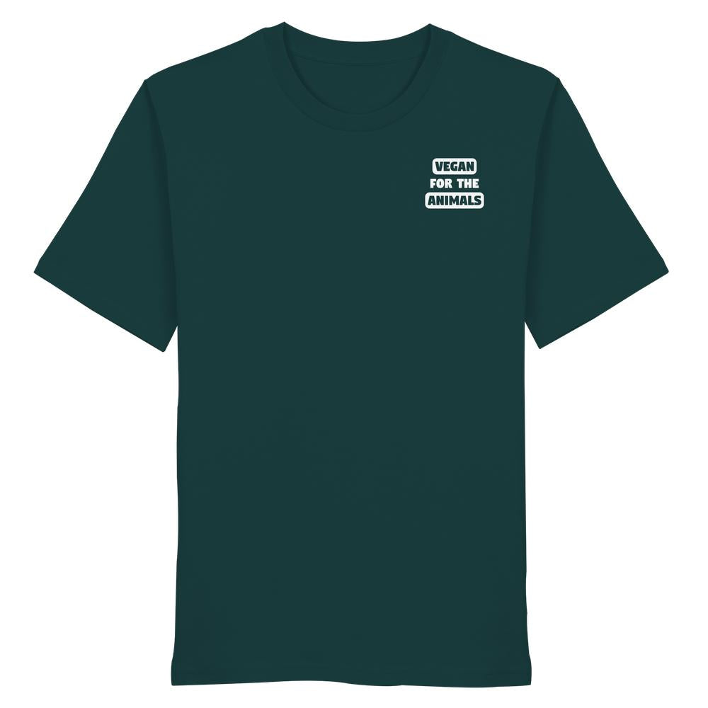 Dunkelgrünes T-Shirt mit weißem Schriftzug VEGAN FOR THE ANIMALS auf der Brust, aus Bio-Baumwolle, symbolisiert tierfreundlichen Veganismus.