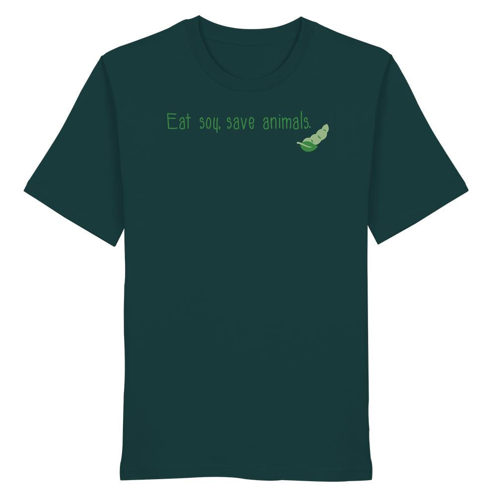 Dunkelgrünes T-Shirt mit dem Slogan “Eat soy, save animals” und einer Sojabohnen-Illustration, aus 100% Bio-Baumwolle, designed von RUDE REBEL.
