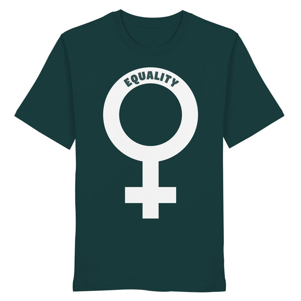 Vegan und Bio Unisex Shirt: Das Venussymbol – Feministisches Shirt mit fetten Lettern EQUALITY auf dunkelblauem Hintergrund, aus 100% Bio-Baumwolle von RUDE REBEL.