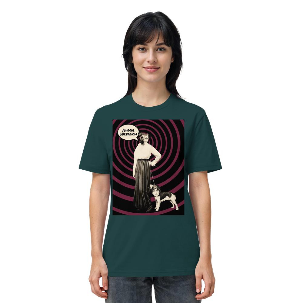 Vegan und Bio Unisex Shirt: Upside Down - Animal Liberation zeigt eine Retro-Collage mit Hund-Mensch-Figuren, inspiriert von Tierrechtsideen, auf einem dunkel-türkisfarbenen T-Shirt.