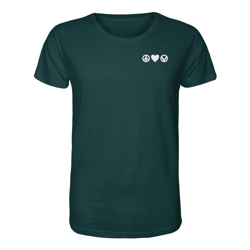 Unisex Bio-Shirt in Dunkel-Teal mit gestickten Symbolen: Peace-Zeichen, Herz, Veganismus-Logo auf der Brust. Schlichtes Design aus 100% Biobaumwolle.