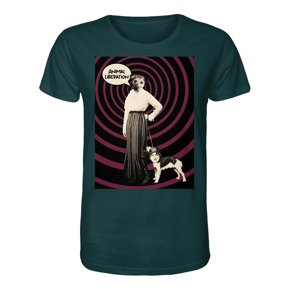 Frauen-T-Shirt Upside Down - Animal Liberation mit surrealem Collage-Druck: Hundekopf-Figur an Leine mit Menschenkopf-Hund, thematisiert Tierbefreiung. 100% Bio-Baumwolle.