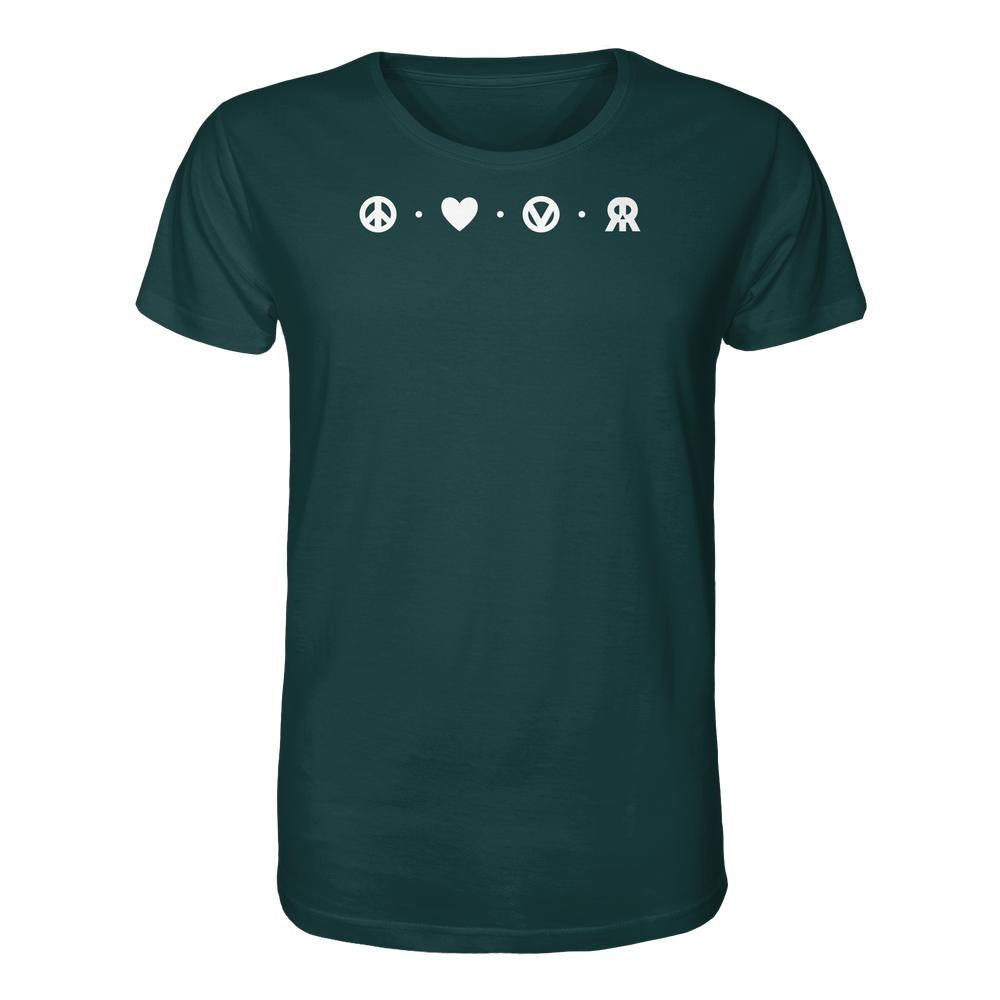 Vegan und Bio Unisex Shirt: Peace - Love - Veganism - RUDE REBEL; dunkelgrünes T-Shirt mit weißen Symbolen für Frieden, Liebe, VW und Rebellion.