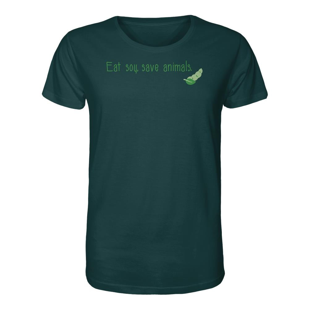 Vegan und Bio Unisex Shirt mit dem Aufdruck „Eat soy, save animals“ und einer Sojabohnengrafik, aus 100 % Bio-Baumwolle, normaler Schnitt, ideal für umweltbewusste Träger.