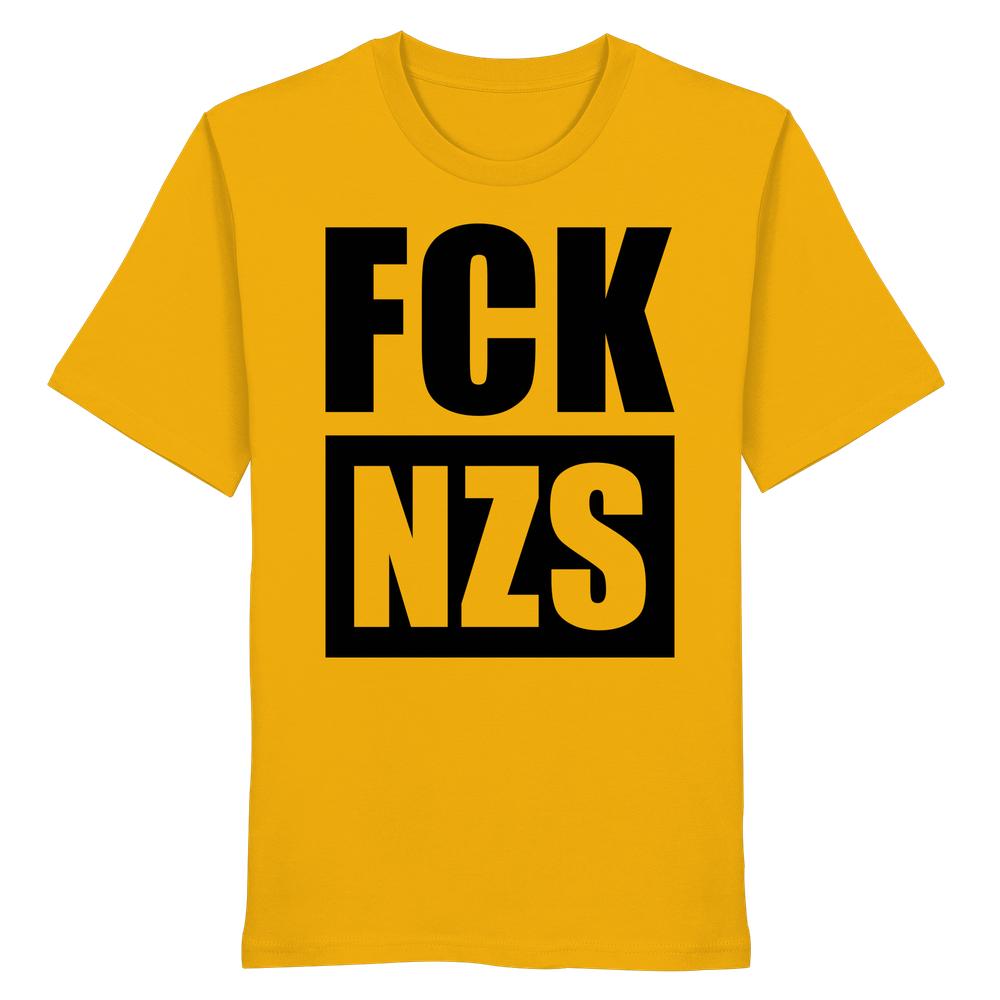 Vegan und Bio Unisex Shirt: FCK NZS, mustardgelbes T-Shirt mit schwarzem Aufdruck FCK NZS, 100 % Bio-Baumwolle, normale Passform, rebellisches Design von RUDE REBEL.