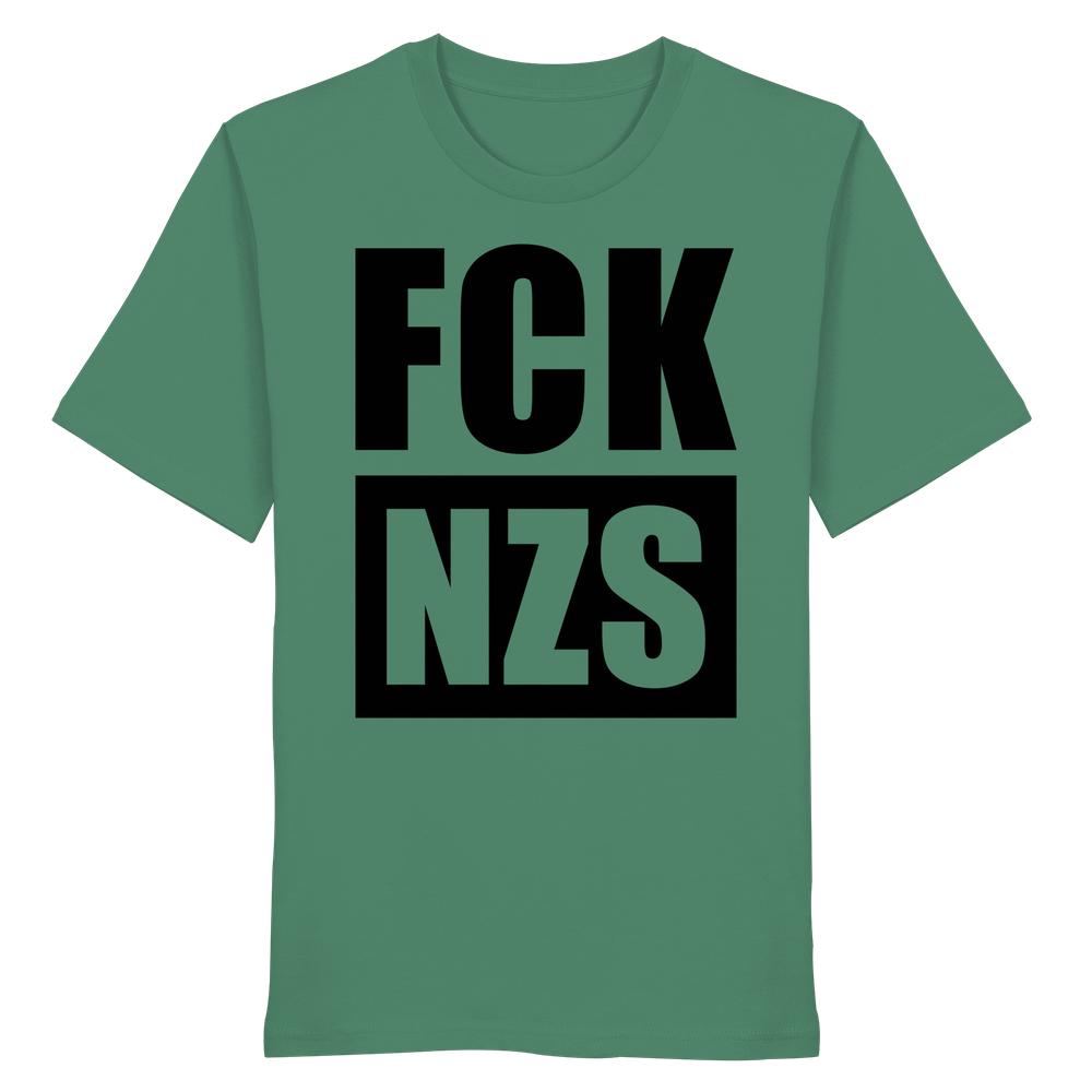 Vegan und Bio Unisex Shirt: FCK NZS, grünes T-Shirt mit schwarzem Aufdruck, 100% Bio-Baumwolle, normale Passform, nachhaltiges Statement gegen Rechts von RUDE REBEL.