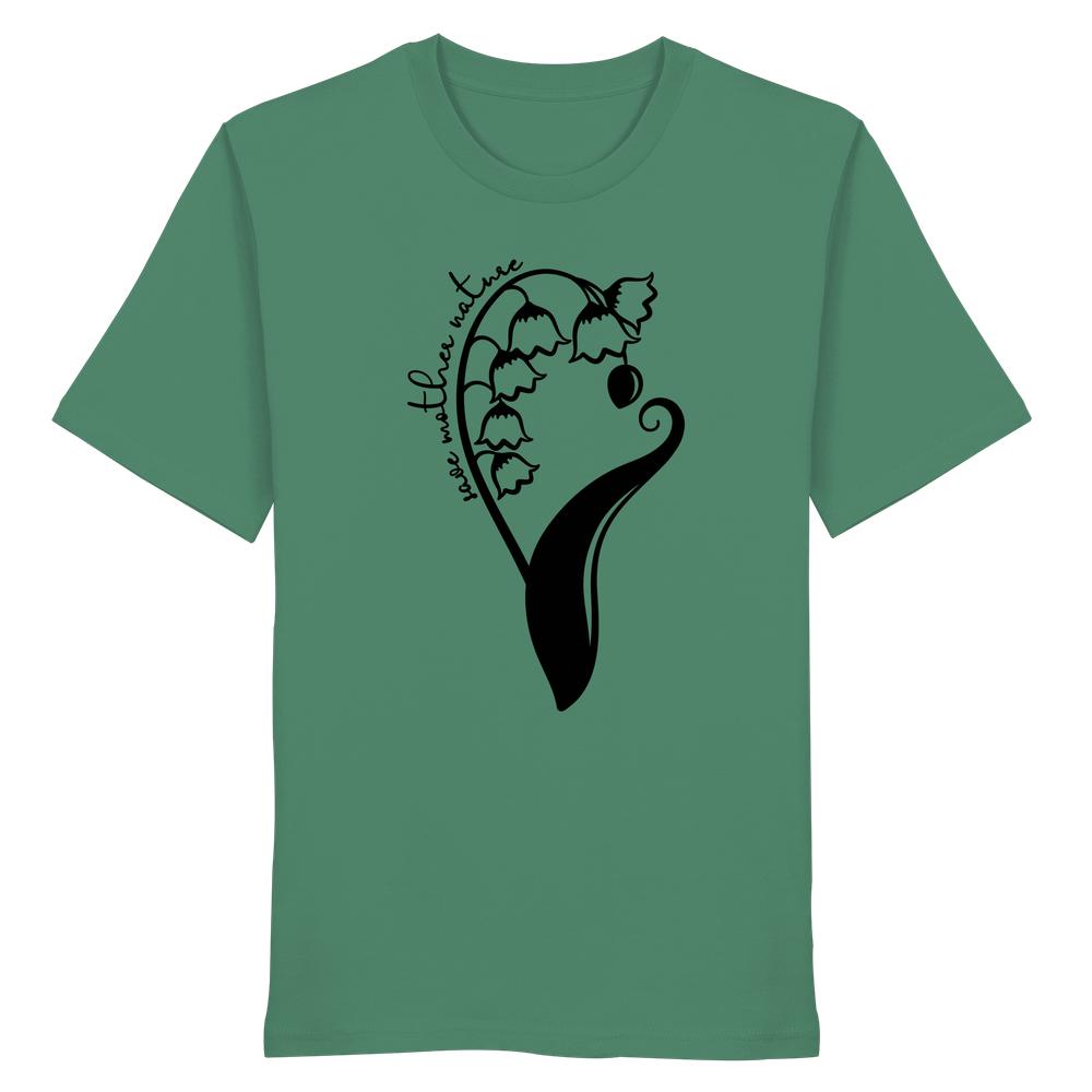 Vegan und Bio Unisex Shirt: Save Mother Nature with Flower Power, zeigt ein minimalistisches Maiglöckchen-Motiv und den Schriftzug “love mother nature” auf grüner Bio-Baumwolle.