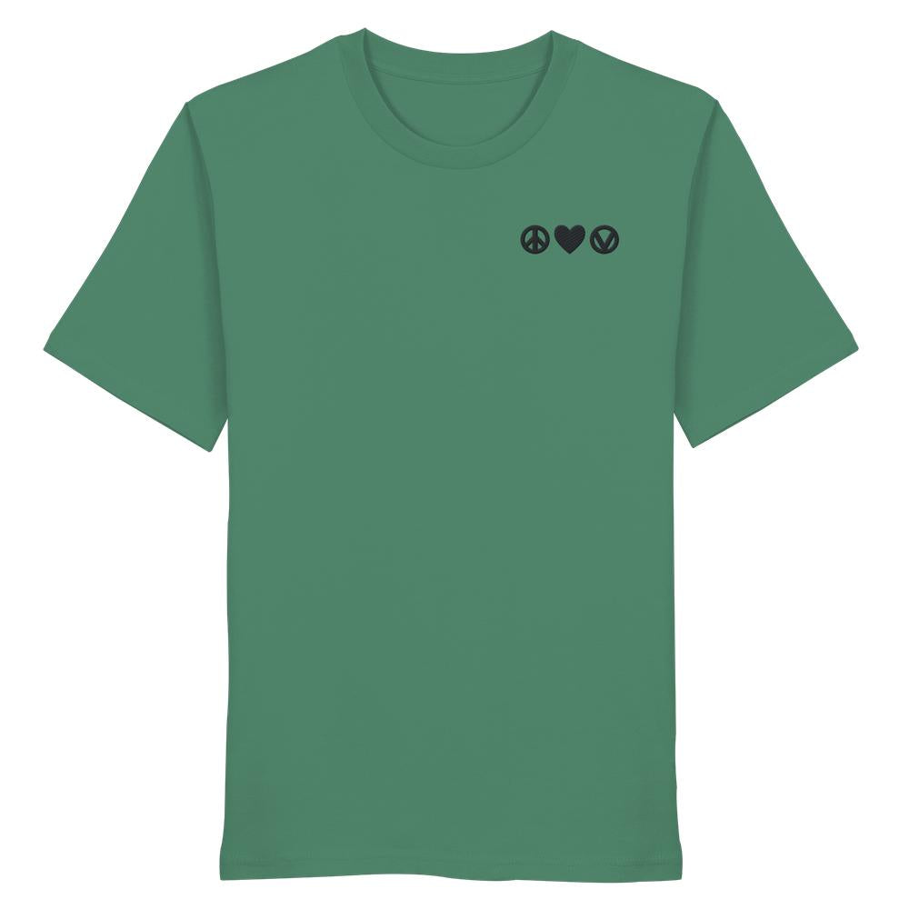Unisex Bio-Shirt bestickt mit Peace - Love - Veganism, grün, kurze Ärmel, 100% Baumwolle, normale Passform, von RUDE REBEL.