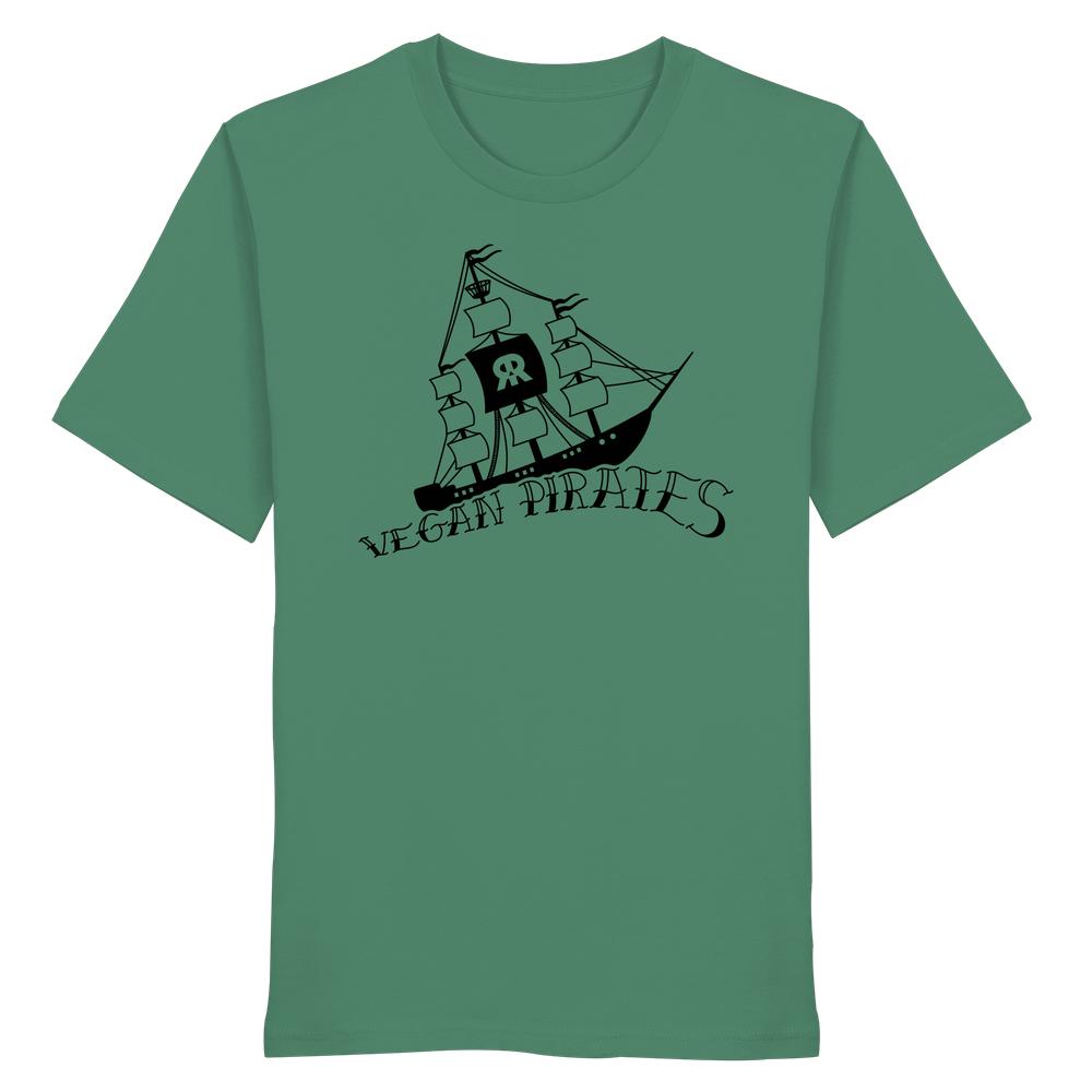 Unisex-Bio-Baumwollshirt „Vegan Pirates“ mit schwarzem Piratenschiff-Silhouettendruck und Schriftzug, verkörpert vegane Überzeugungen und Nachhaltigkeit von RUDE REBEL.