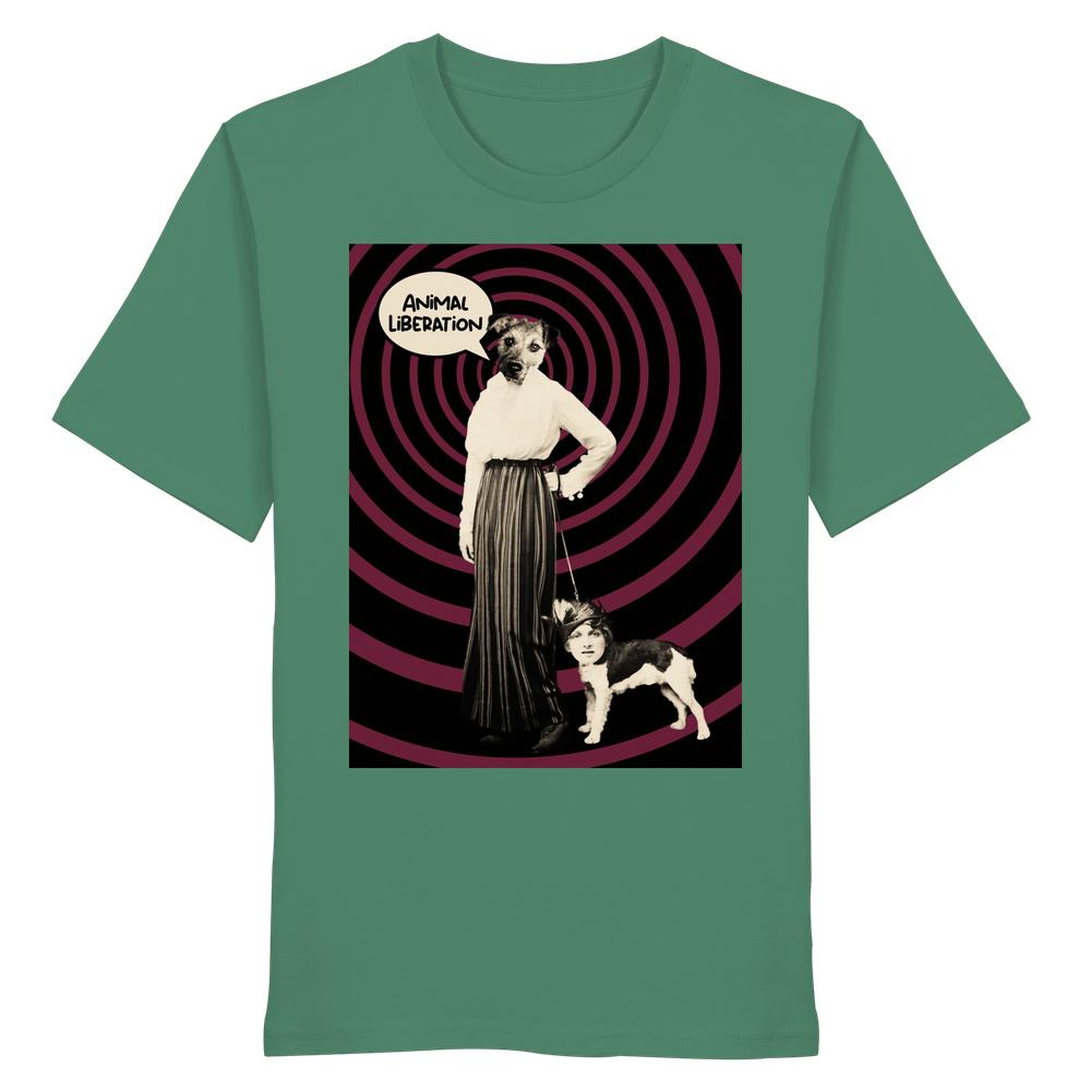 Vegan und Bio Unisex Shirt: Upside Down - Animal Liberation zeigt surrealen Tier-Mensch-Collage-Druck, inspiriert von Tierrechten, auf grünem T-Shirt aus 100% Bio-Baumwolle.