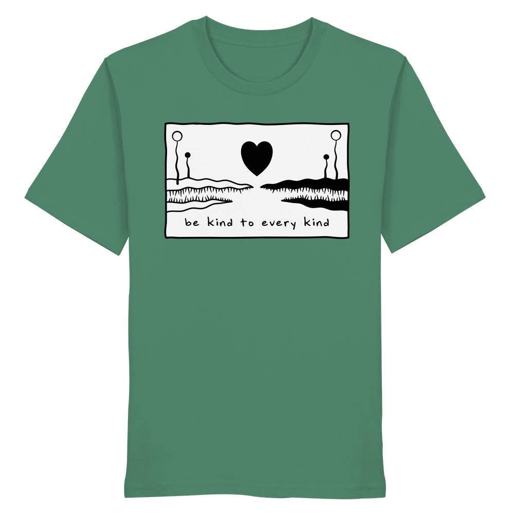 Vegan und Bio Unisex Shirt: Be kind to every kind – Waldgrünes T-Shirt mit schwarzem Herzmotiv und Spruch, aus 100% Bio-Baumwolle, normaler Schnitt.