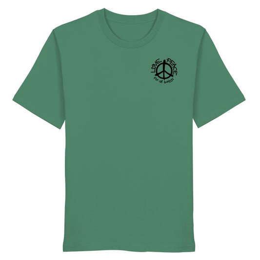Ein grünes Unisex-Bio-T-Shirt mit schwarzem Friedenszeichen und dem Aufdruck „LOVE and PEACE for all beings“ auf der linken Brust.