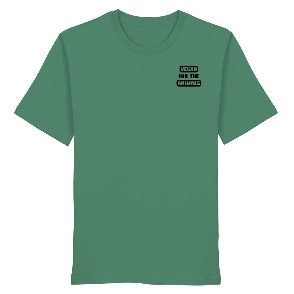 Unisex Bio-Shirt mit dem Slogan „VEGAN FOR THE ANIMALS“ auf der Brust, aus 100% Bio-Baumwolle, nachhaltig produziert von RUDE REBEL.