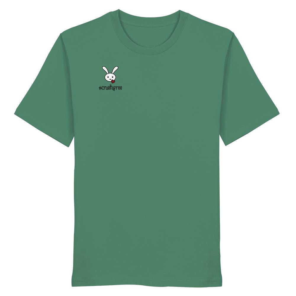 Grünes T-Shirt aus Bio-Baumwolle mit Hashtag „#crueltyfree“ und Cartoon-Hasenmotiv von RUDE REBEL, betont vegane und nachhaltige Mode.