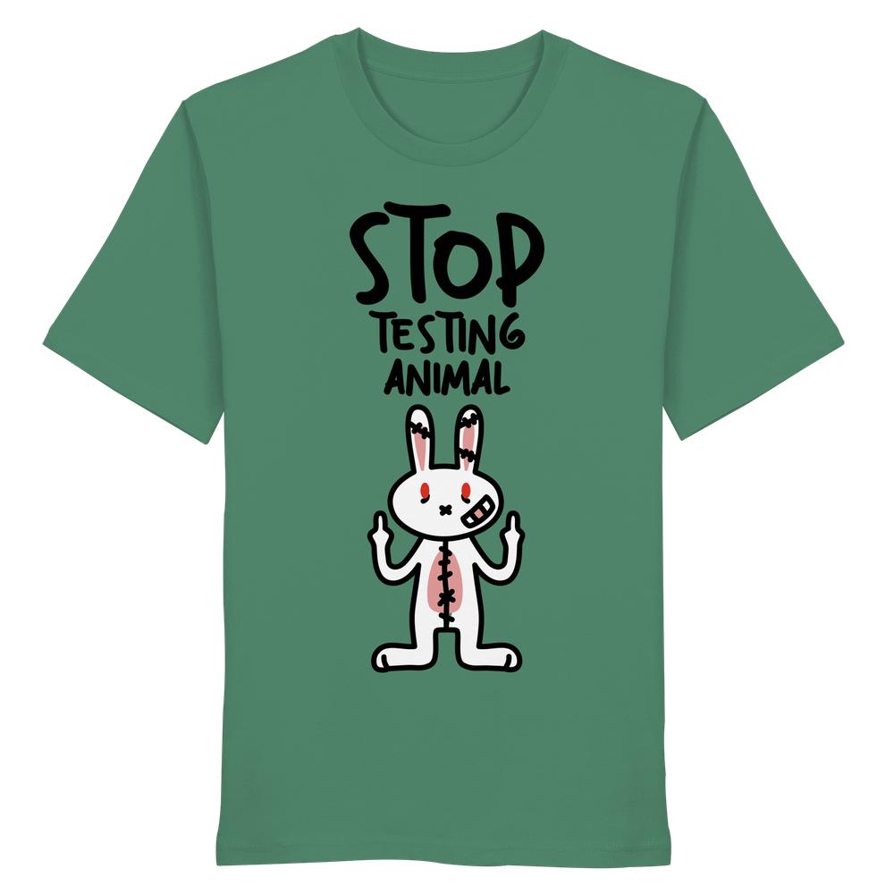 Vegan und Bio Shirt: Angry Rabbit - Animal Rights mit wütendem Cartoon-Hasen, der gegen Tierversuche protestiert. Material: 100 % Bio-Baumwolle, normale Passform.