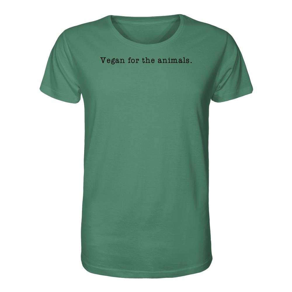Unisex Bio-Shirt mit dem Slogan „Vegan for the animals.“ in Schwarz. Hergestellt aus 100% Bio-Baumwolle, normale Passform, betont nachhaltigen und tierfreundlichen Lebensstil.