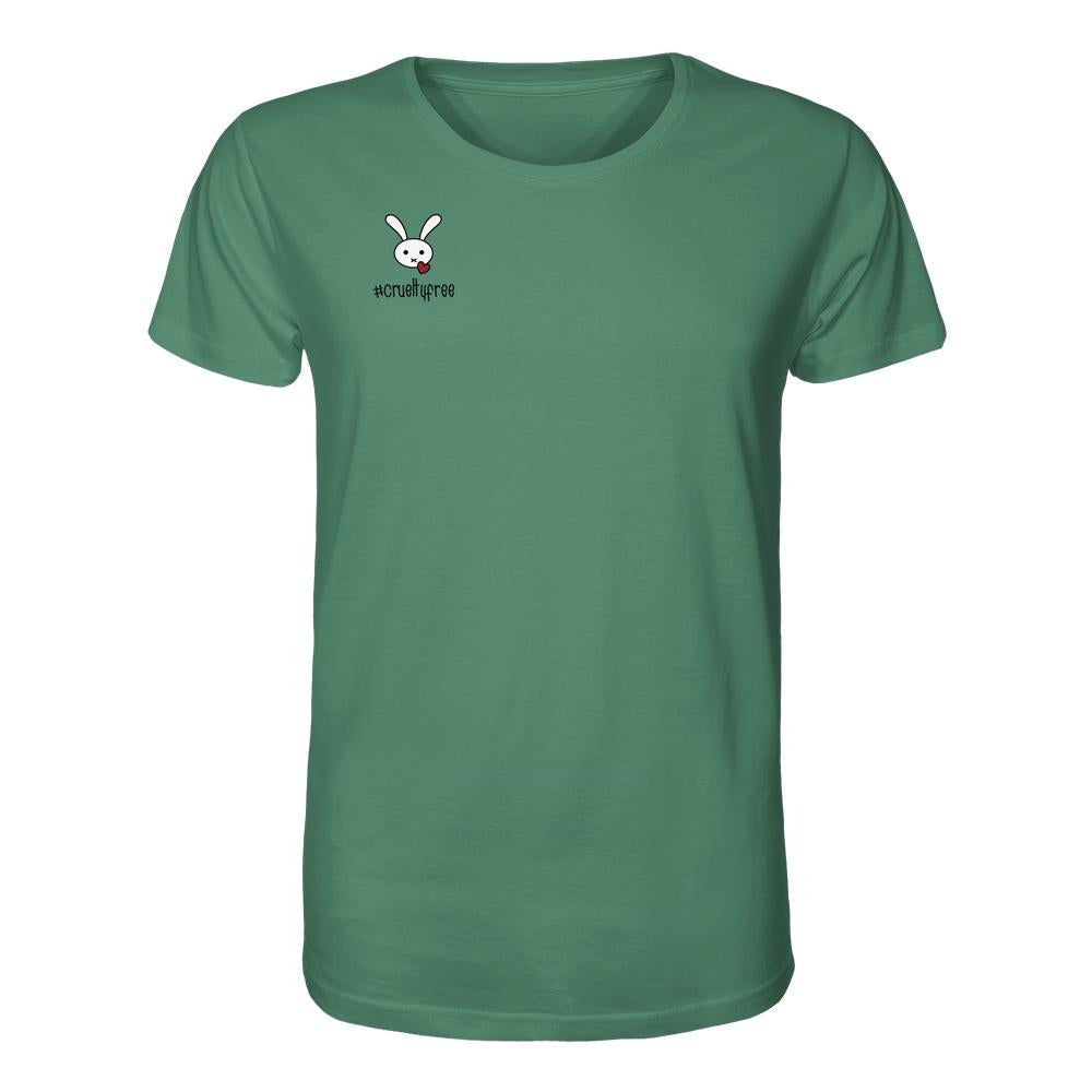 Damen-T-Shirt mit weißem Cartoon-Hasenmotiv und rotem Herz, Vegan und Bio Unisex Shirt: Crueltyfree Bunny, aus 100% Bio-Baumwolle, verkörpert vegane und nachhaltige Werte.