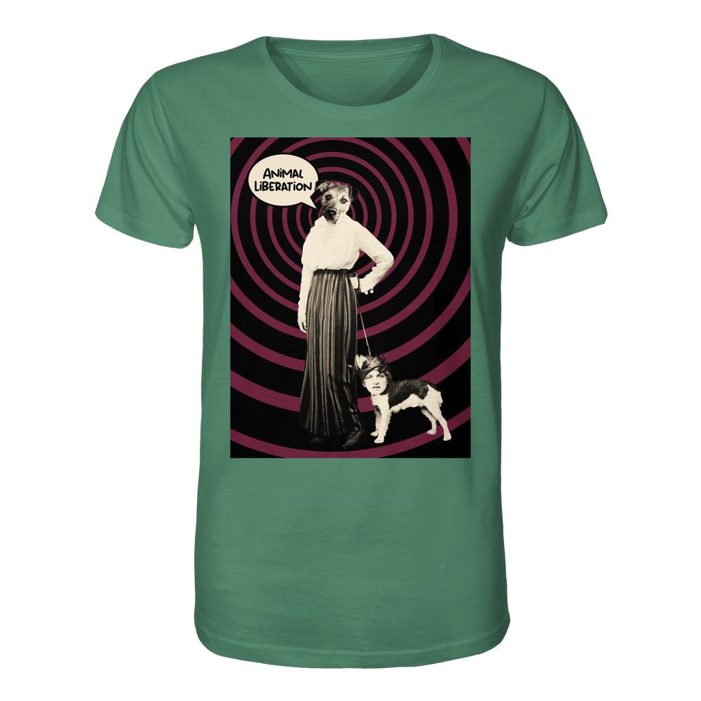 Grünes Vegan und Bio Unisex Shirt: Upside Down - Animal Liberation mit surrealem Collage-Druck: Frau mit Hundekopf an der Leine, Menschengesicht-Hund. 100% Bio-Baumwolle.