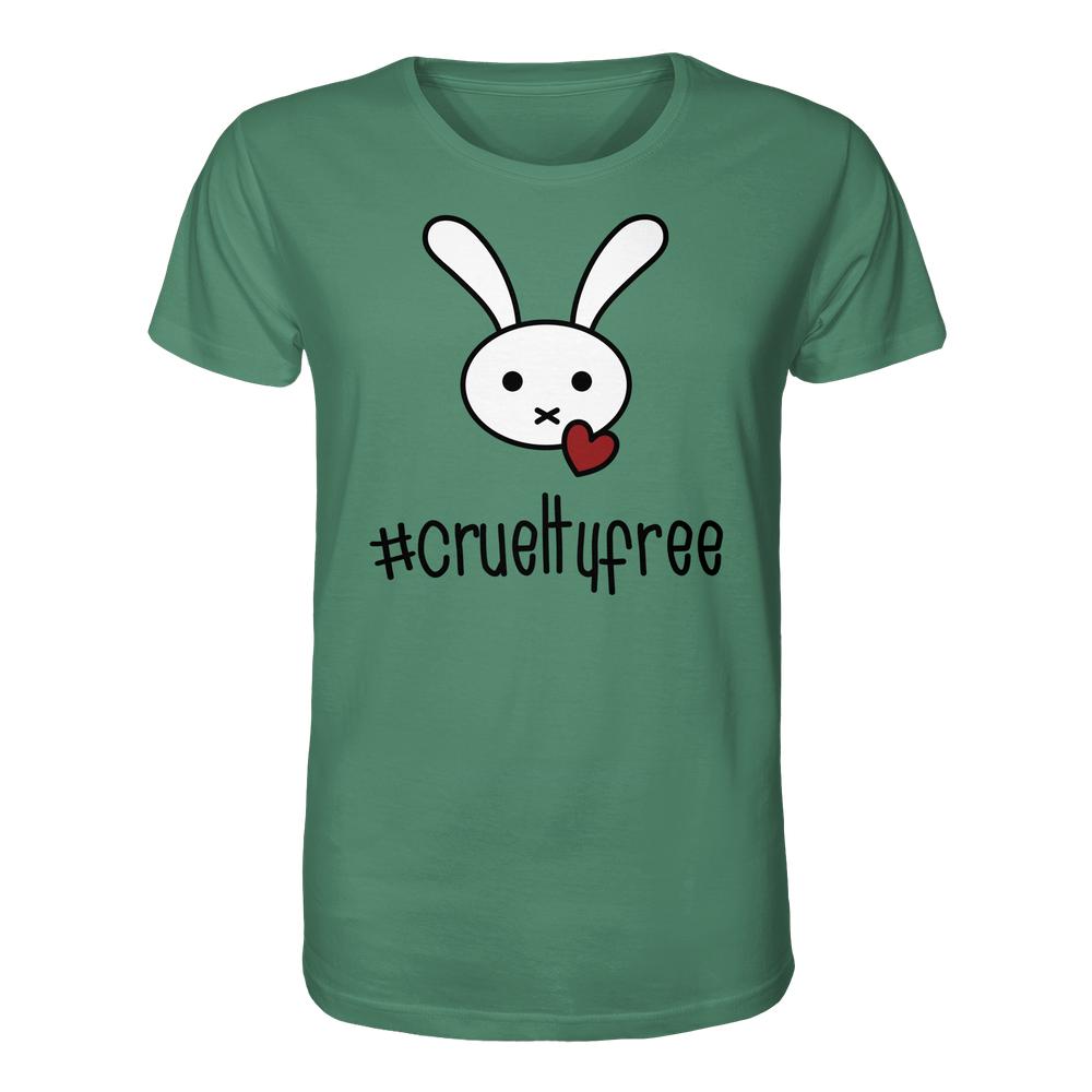 Vegan und Bio Unisex Shirt: Crueltyfree Bunny BIG zeigt einen weißen Cartoon-Hasen mit Herz und #crueltyfree, aus 100 % Bio-Baumwolle, normale Passform, von RUDE REBEL.