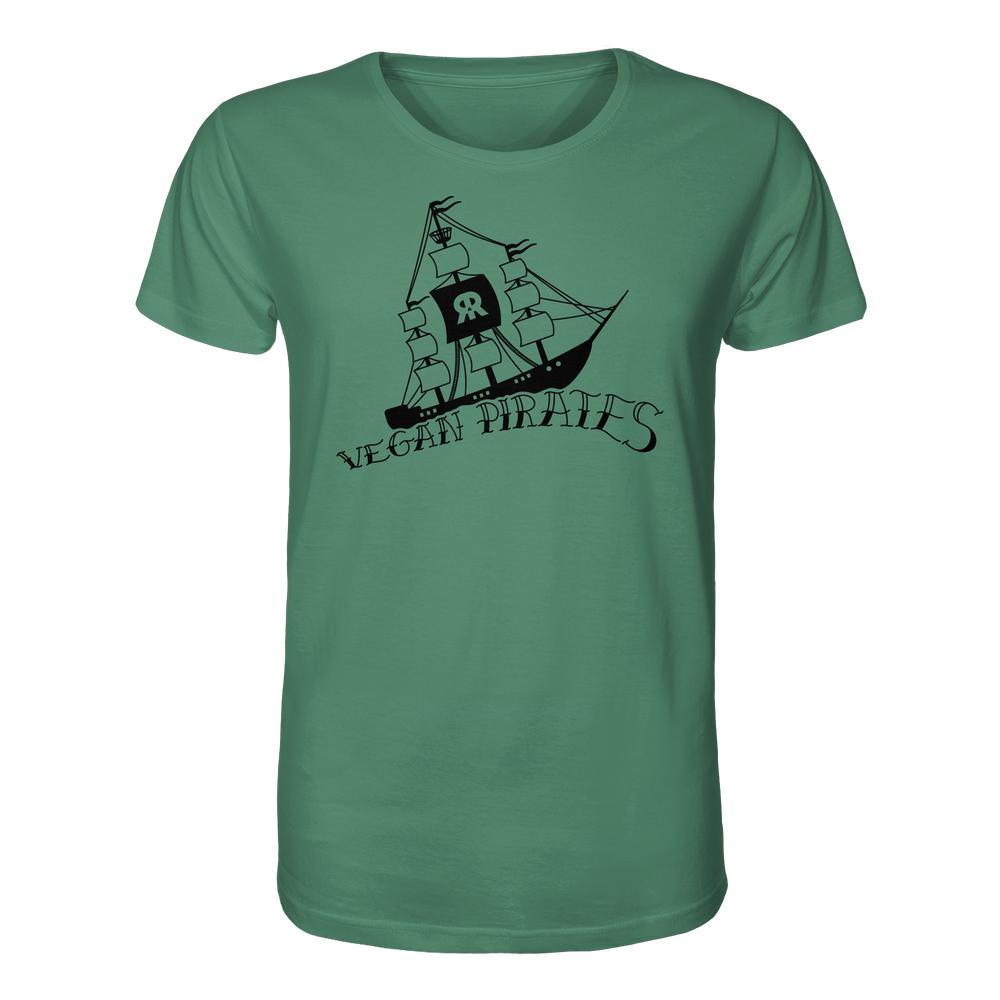 Unisex-Shirt Vegan Pirates mit schwarzem Piratenschiff-Motiv und Schriftzug, hergestellt aus 100 % Bio-Baumwolle, verkörpert den rebellischen, veganen Geist von RUDE REBEL.