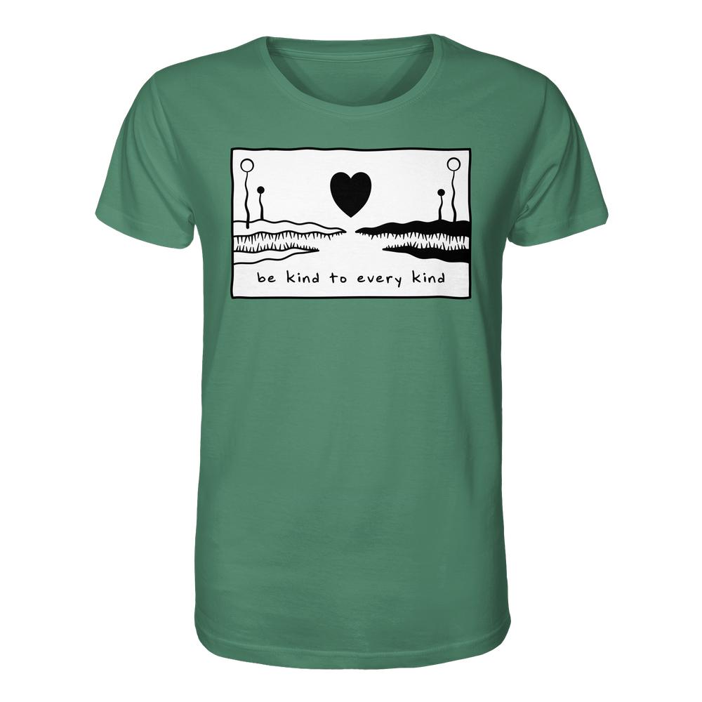 Vegan und Bio Unisex Shirt: Be kind to every kind, grünes T-Shirt mit abstraktem Druck und Botschaft, 100% Bio-Baumwolle, normaler Schnitt, von RUDE REBEL.