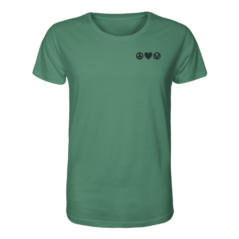 Unisex-Shirt aus Bio-Baumwolle mit gesticktem Design Peace - Love - Veganism, zeigt Icons für Frieden, Liebe und Veganismus auf der linken Brust.