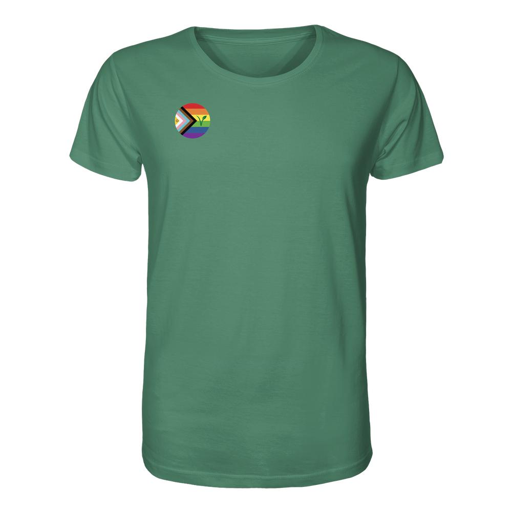 Vorderansicht eines waldgrünen, kurzärmeligen Damen-T-Shirts mit kleinem, kreisförmigem Emblem der LGBTQIA+ VEGAN Fahne und einem grünen Keimling auf der Brust.