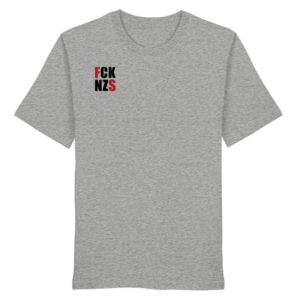 Vegan und Bio Unisex Shirt: FCK NZS mit roten Highlights, heather-graues T-Shirt aus 100% Biobaumwolle, normale Passform, rebellisches Design von RUDE REBEL.