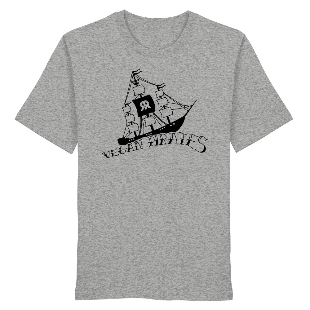 Heather-graues T-Shirt mit einem schwarzen Druck eines Segelschiffs und dem Slogan VEGAN PIRATES auf der Brust. Veganes und Bio Unisex Shirt: Vegan Pirates.