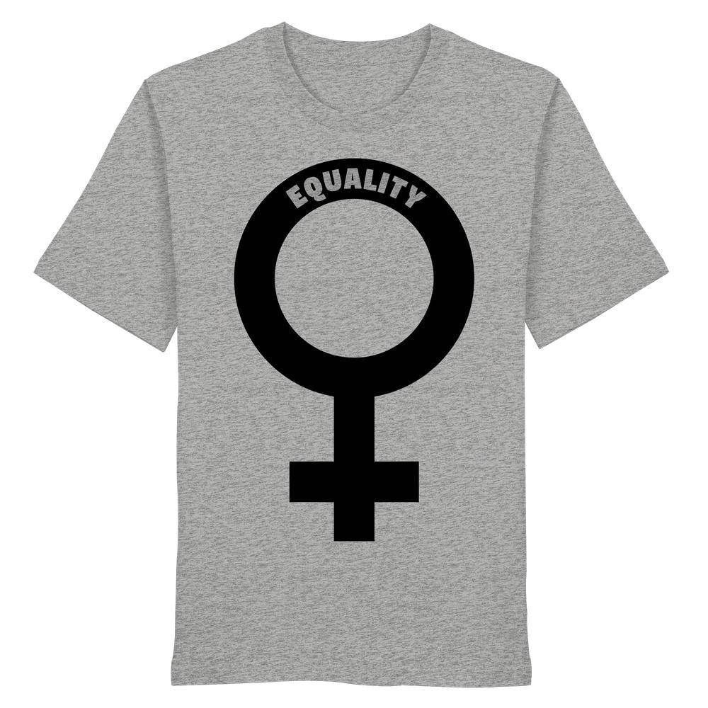 Heather-graues Unisex-Shirt mit schwarzem Venussymbol und EQUALITY-Schriftzug, aus 100% Bio-Baumwolle, verkörpert feministische Botschaft. Produkt von RUDE REBEL, vegan und nachhaltig.