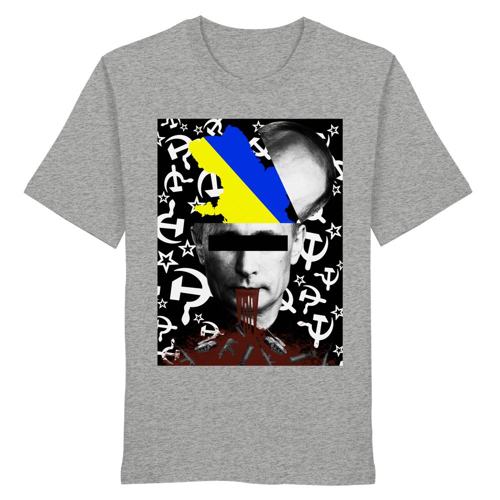Vegan und Bio Unisex Shirt: STOP WAR IN UKRAINE! zeigt Putins gespaltenes Porträt mit Ukraine-Karte und Waffen-Silhouetten, symbolisiert Kriegskritik und nachhaltige, rebellische Mode von RUDE REBEL.