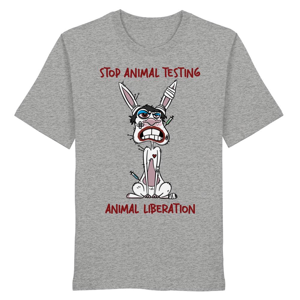 Heather-graues T-Shirt mit Cartoon-Hase, der verletzt aussieht, und rotem Text STOP ANIMAL TESTING und ANIMAL LIBERATION. Vegan und Bio Unisex Shirt: White rabbit - STOP ANIMAL TESTING!