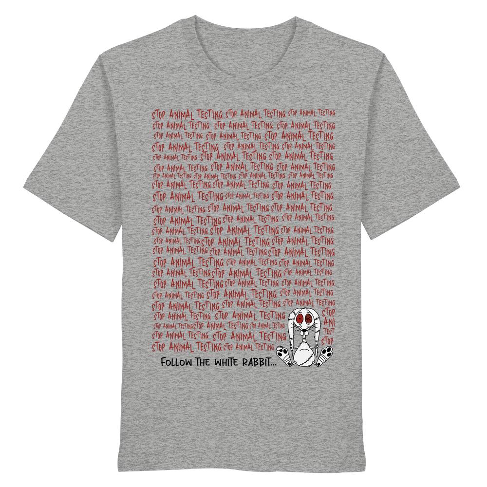 Heather-gray T-Shirt mit STOP ANIMAL TESTING und cartoonhaftem weißen Kaninchen. Vegan und Bio Unisex Shirt: Follow the white rabbit and stop animal testing!