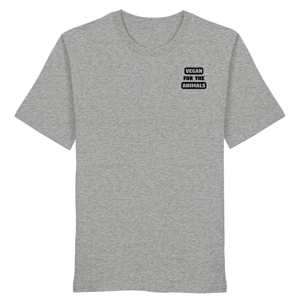 Heather-graues T-Shirt mit Aufdruck „VEGAN FOR THE ANIMALS“ auf der Brust, aus Bio-Baumwolle, betont veganen Lebensstil und Tierschutz.